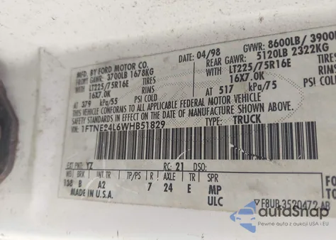 1998 Ford E-250 Commercial/Recreational from USA, damaged, VIN 1FTNE24L6WH851829